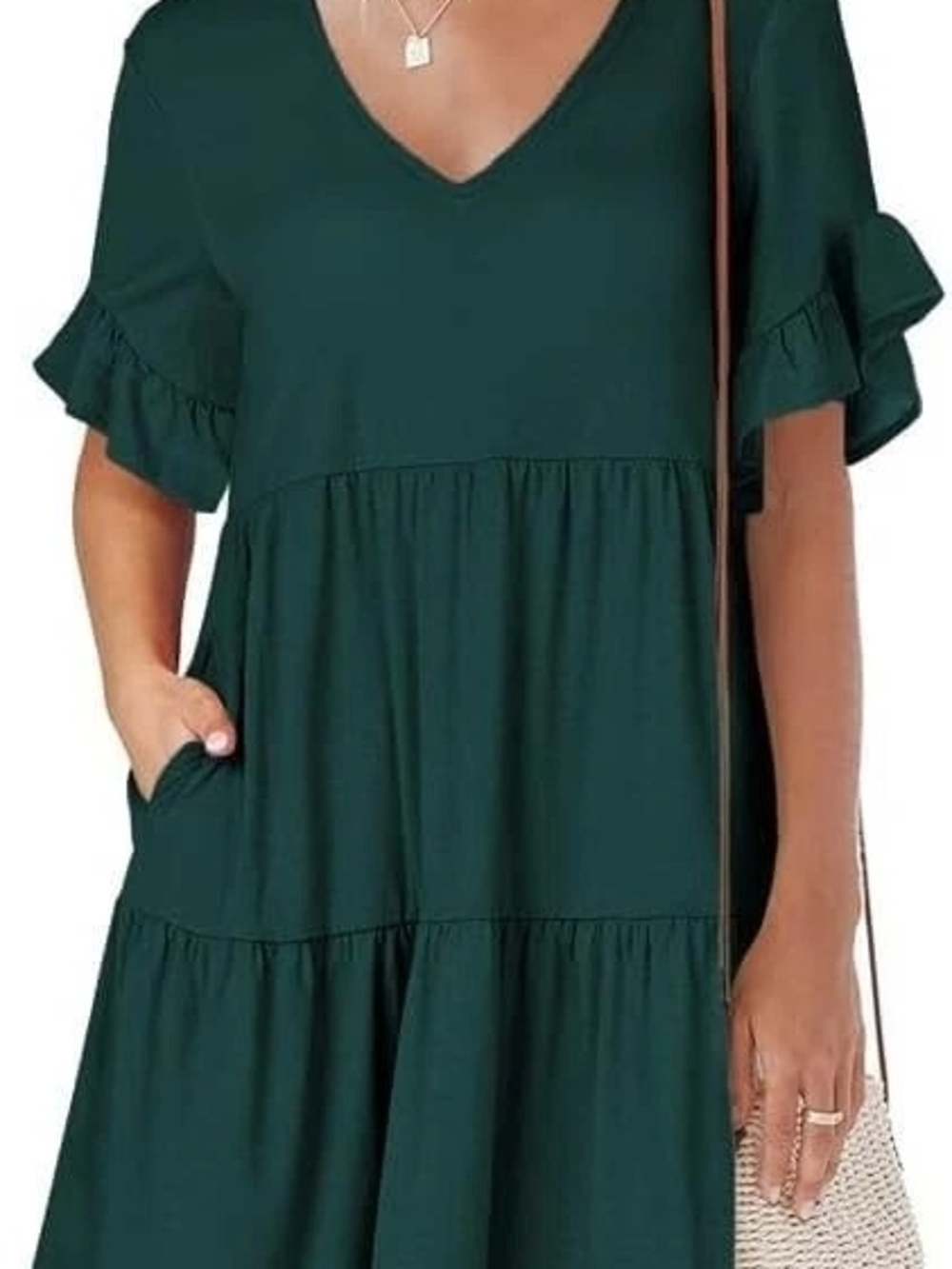 SHEIN Dark Green Ruffle Sleeve Tiered V-Neck Dress